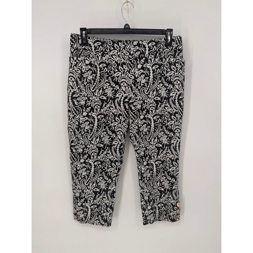 Soft Surroundings Cropped Pants Women PXL Black White EUC Paisley Buttons Tummy